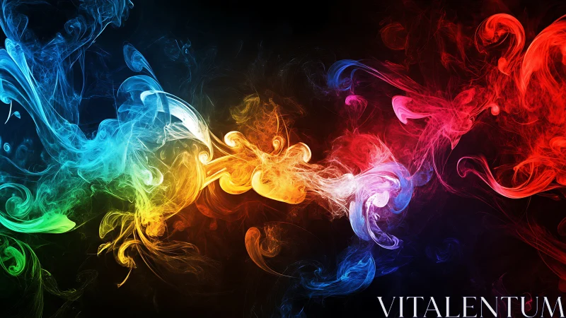Multicolored swirling smoke forms on dark abstract backdrop.