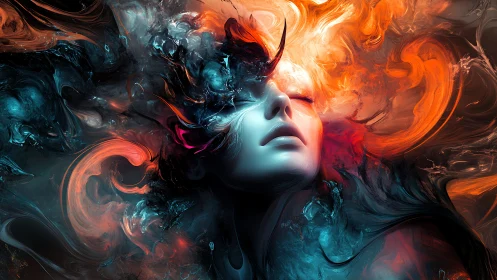 Surreal luminescent portrait in flowing fire and shadow.