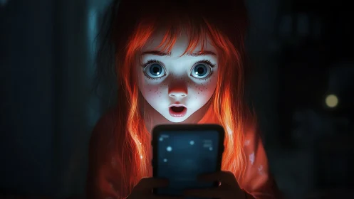 Wide-eyed girl glows in the dark, captivated by her phone