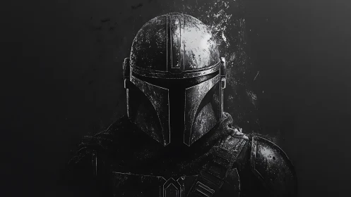 Monochrome armored warrior portrait in dramatic digital chiaroscuro.