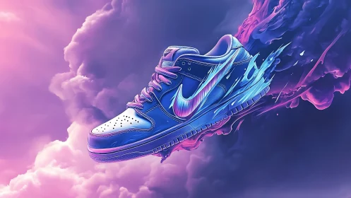 Cosmic sprint sneaker blazing through neon dream clouds.