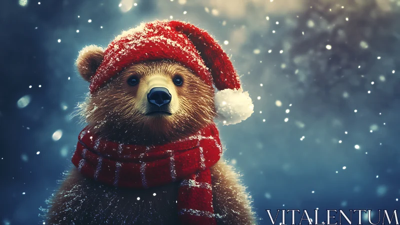 Juvenile brown bear in red knit hat and scarf in snowfall