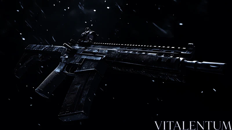 Tactical rifle emerges from darkness in cinematic cold light