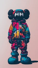 Streetwear vinyl figure stands in bold abstract colors.