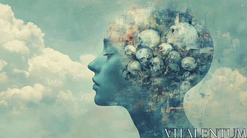 Surreal cyan portrait with skull-filled translucent mindscape.