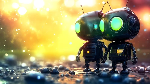 Bokeh drenched micro-robots in chromatic atmospheric backlight.