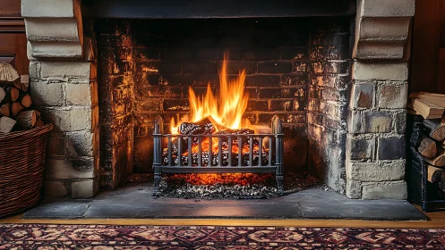 Roaring Fireplace with Cast Iron Grate: Architectural Interior Heat.