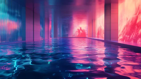 Neon pool glows gently under dreamy pink and blue light