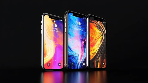 Triple smartphone lineup with vivid abstract OLED displays.