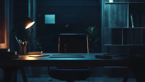 Empty office desk under desk lamp in dim evening lighting