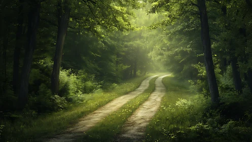 Sunlit Forest Path Through Green Canopy.