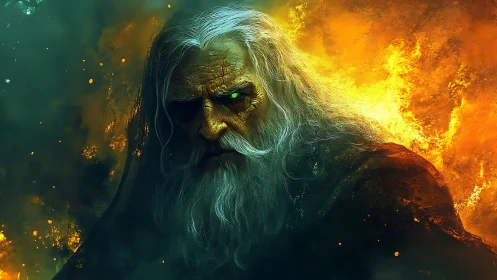Old fire-eyed wizard gazes calmly through swirling flames