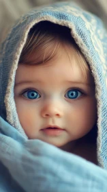 Toddler with Striking Blue Eyes Wrapped in Soft Fabric.