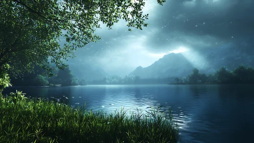 Sunlit mountain lake shimmers beneath dramatic storm clouds.