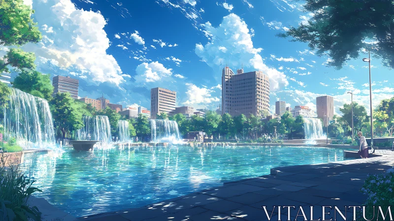 Urban park pool with cascading waterfalls and midrise skyline