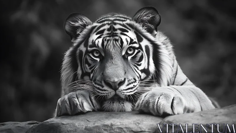 Close portrait of resting tiger on rock in monochrome.