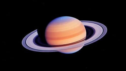 Ringed gas giant with multicolored bands against black space.