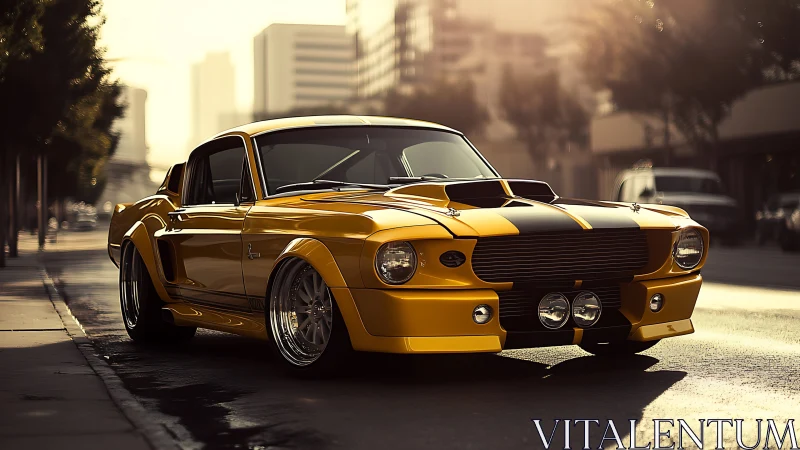 Retro-mod muscle coupe in high-gloss urban street lighting.