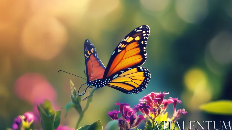 Monarch butterfly rests on vivid blossoms in shallow focus field