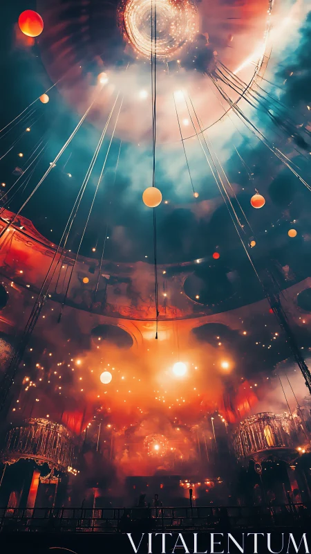 Celestial orbs swirl above a glowing theatrical chamber.