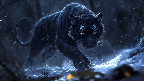Black Tiger Prowling Through Neon Winter Storm.