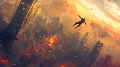 Solitary figure falling above burning futuristic cityscape.