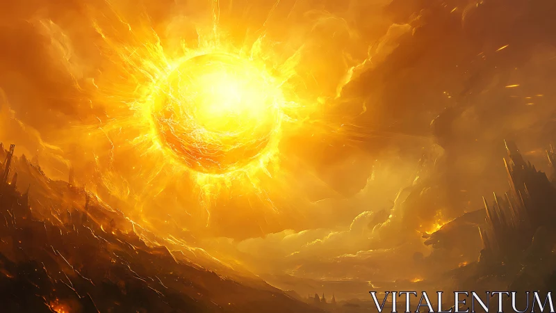 Blazing solar sphere erupts above a crumbling infernal world