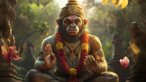 Divine simian yogi crowned in garlands and golden light.