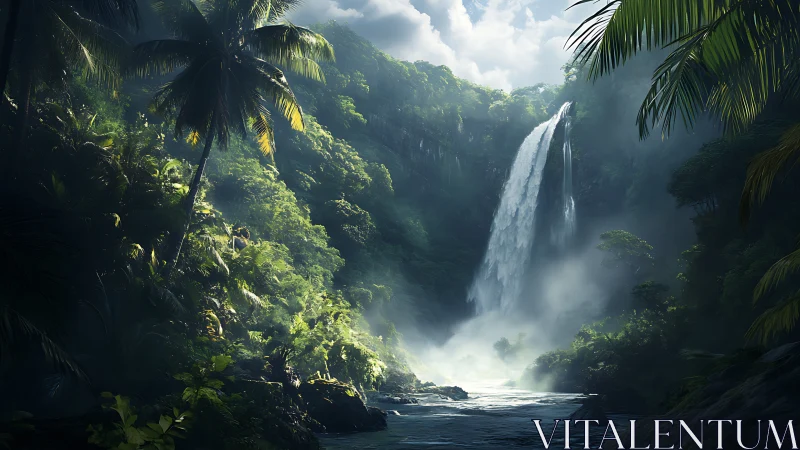 Sunlit tropical waterfall cuts through dense emerald jungle.
