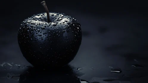 Midnight black apple with water droplets on gloss surface.