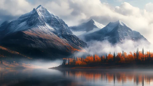 Crimson trees whisper beneath brooding, snowlit mountain guardians