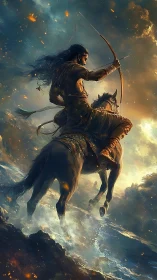 Gallant horse archer rides through glowing stormy waters