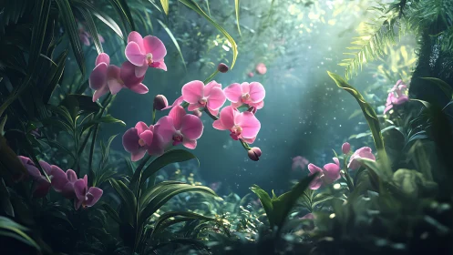 Pink Orchids Blooming in an Enchanted Garden.