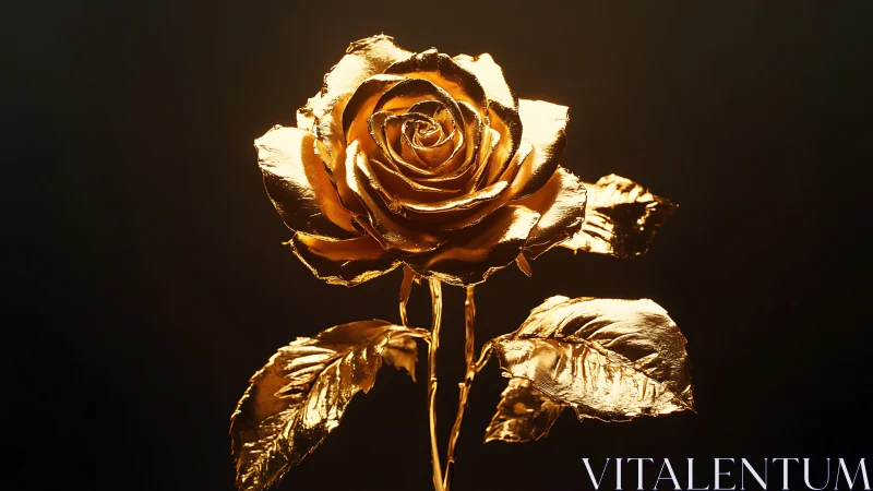 Metallic gold rose sculpture on dark studio background.