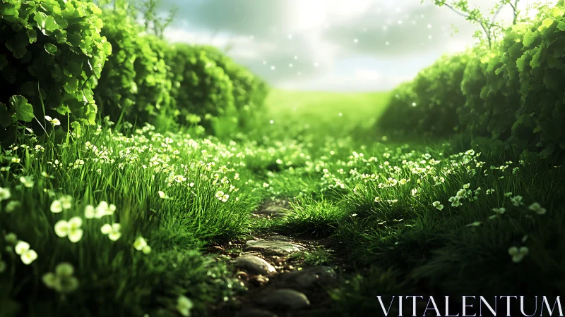 Sunlit clover path winding through luminous green hedges.