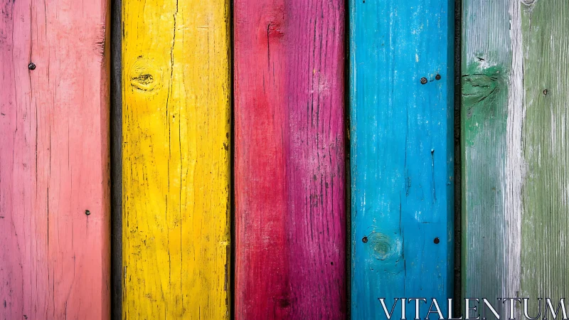 Bright weathered wooden planks in cheerful rainbow stripes.