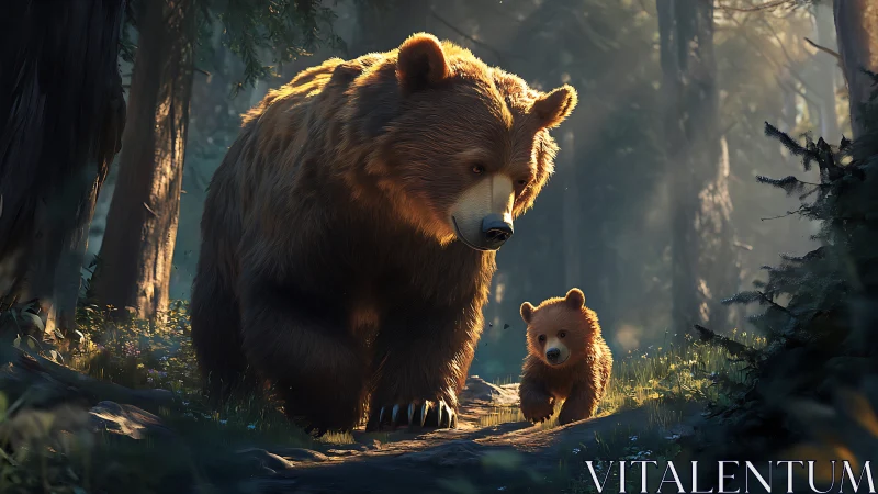 Gentle bear and curious cub wandering a sunlit forest path.