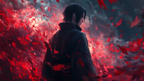 Lone warrior amid crimson storm of burning petals.