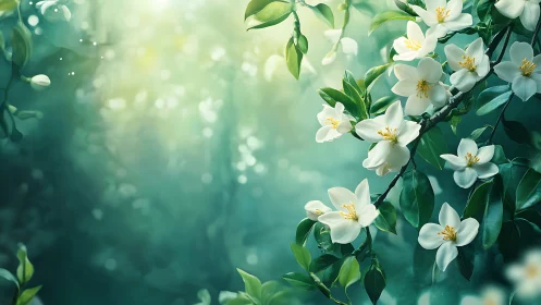White flowering branches with green foliage and diffused bokeh background.