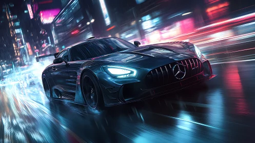 Black Mercedes sports car races through neon soaked night city