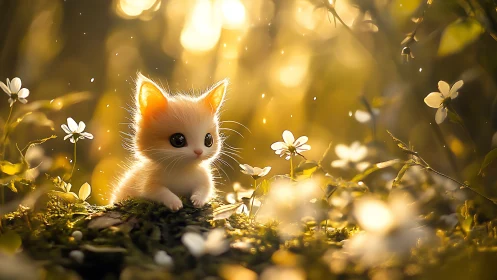 Illuminated Kitten in Golden Wildflower Meadow.