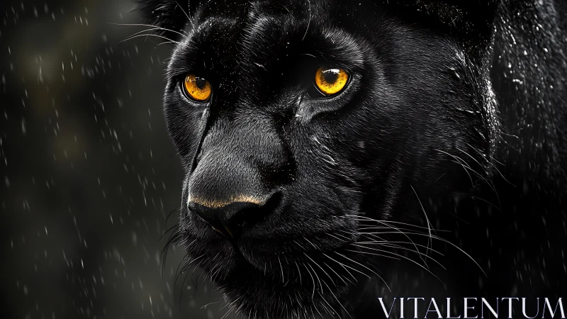 Obsidian Gaze: Black Panther's Golden Stare in Rain.