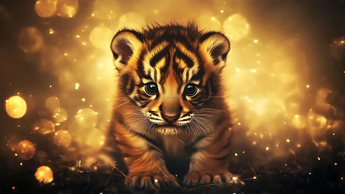 Glowing tiger cub portrait amid golden bokeh haze.