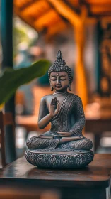 Bronze Buddha statue seated in meditation on carved base.