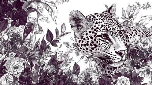 Leopard head in dense monochrome floral foliage illustration.