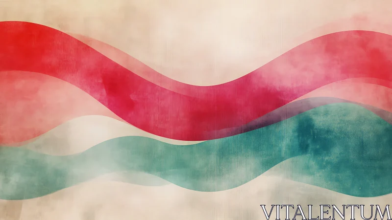 Abstract red and teal wave bands on textured beige field.