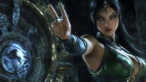 Warrior woman extends hand in gesture before mystical portal