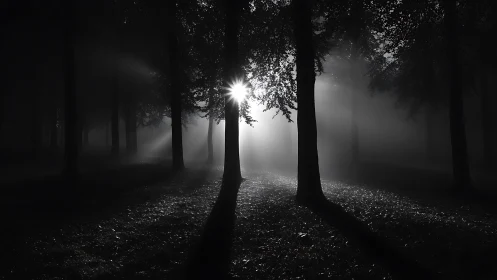 Backlit foggy forest with radial light scattering geometry.