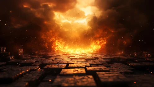 Catastrophic explosion across tiled wasteland landscape.