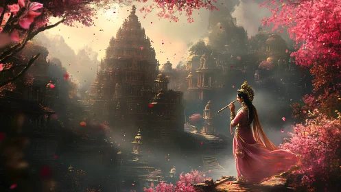 Flutist in pink robes enchants an ancient temple valley